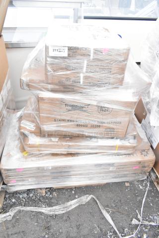 Pallet of 8 brand new scratch and dent items including wire shelves and overshelf, wrapped in plastic. Labels show Regency brand.