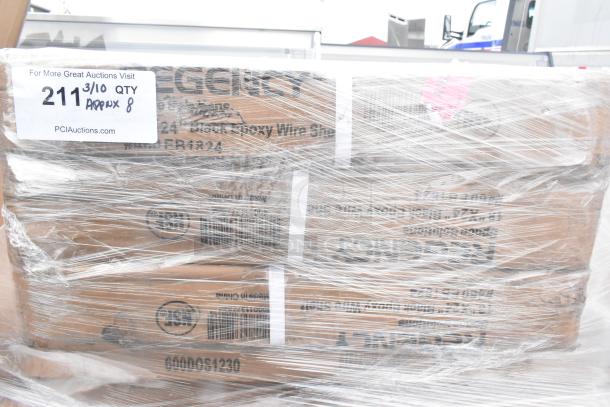Pallet of 8 new scratch and dent items including wire shelves, wrapped in plastic. Label indicates "Regency" brand.