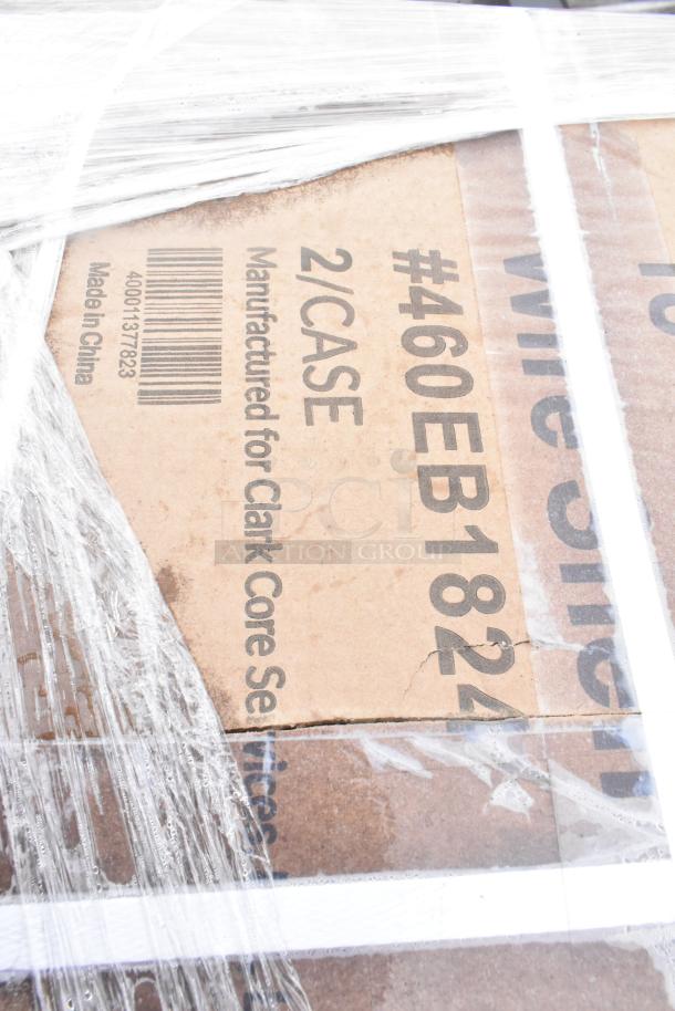 Box showing 8 new scratch and dent items, including wire shelves, wrapped in plastic. Marked for Clark Core Services. Model #460EB182.