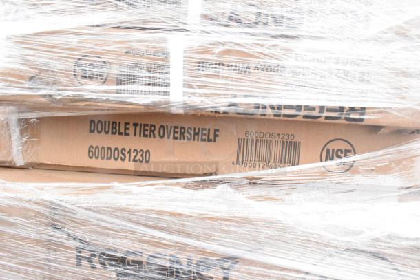 8 brand new scratch-and-dent items, including Regency double tier overshelf model 600DOS1230, wrapped in plastic.