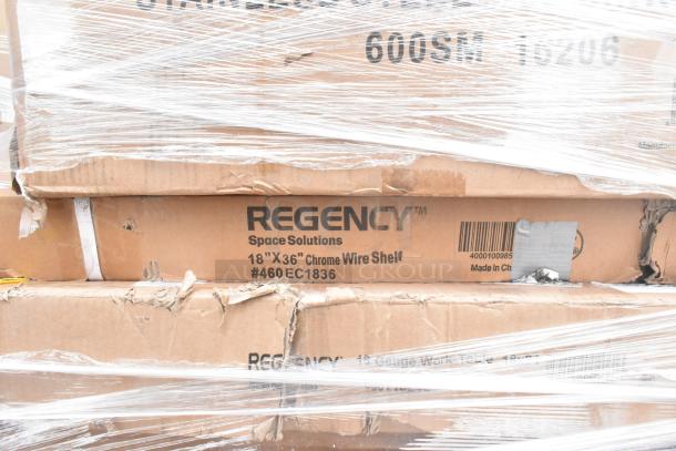 8 new Regency wire shelves, 18"x36", chrome, in original packaging with minor dents. Model #460EC1836.
