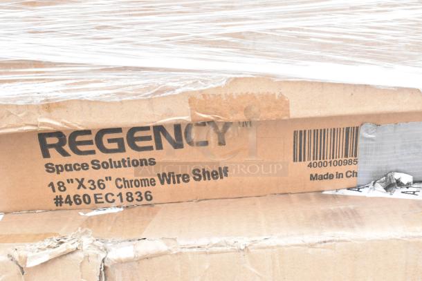Regency 18"x36" chrome wire shelf in box. Label: #460EC1836, Made in China. Box shows wear, item new. Auction includes 8 items.
