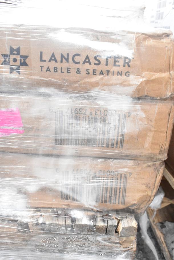 8 new "Lancaster Table & Seating" items wrapped in plastic, marked as scratch and dent. Includes wire shelves, over shelf.