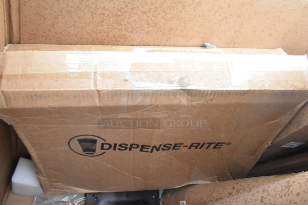 Box labeled "Dispense-Rite" with visible wear, containing one of 17 brand new scratch and dent items, including table and platform truck.