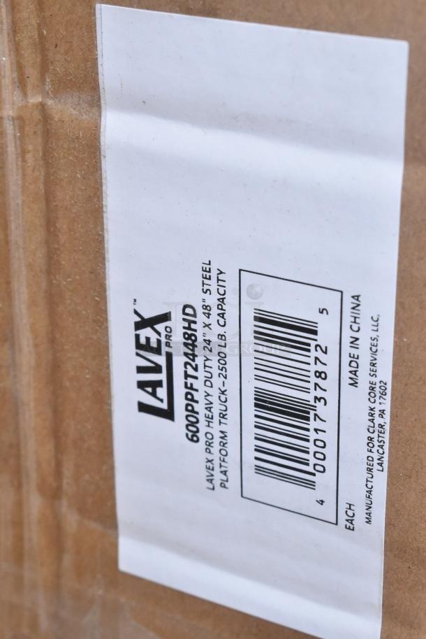 Label on Lavex Pro platform truck box, model 600PPFT248HD, 24"x48", steel, 2500 lb capacity, made in China.