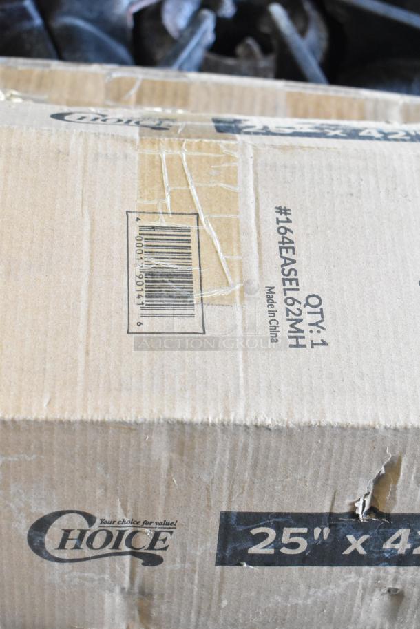 Box for Choice 164EASEL63MH adjustable mahogany wood easel, labeled "Made in China," showing minor damage.