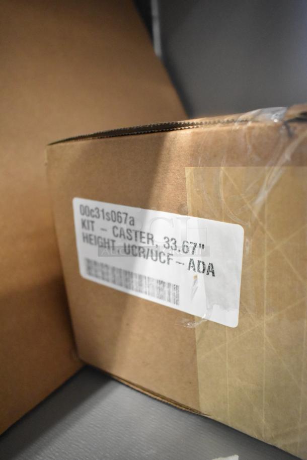 Box with label for Beverage Air kit, caster 33.67" height, for UCR/UCFF-ADA model, sealed with tape.