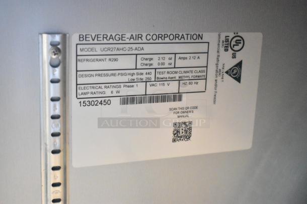 Beverage Air UCR27AHC-25-ADA label, model details, refrigerant R290, electrical ratings 115V, 1 phase, UL listed.