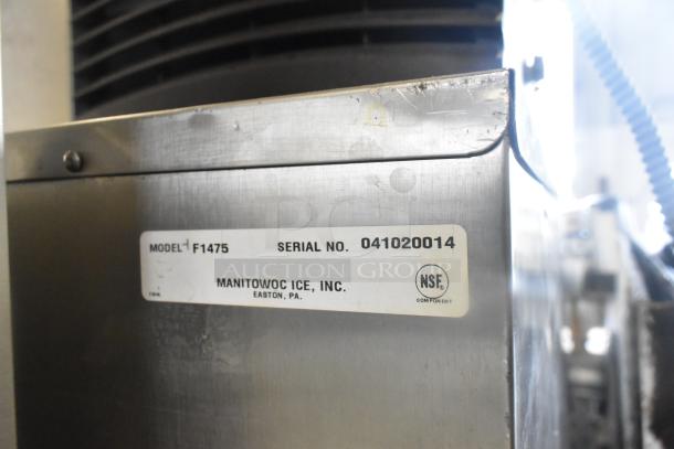 Manitowoc Commercial Ice Head on F1475 Ice Bin, 208-230V, 1 Phase. Model and serial number label shown.