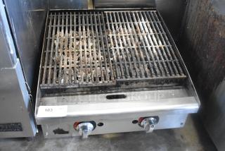 Star Max Commercial Countertop Gas Charbroiler Grill, dual burner, used condition, visible heat knobs and grate wear.