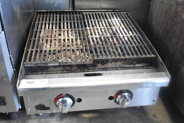 Star Max commercial countertop gas charbroiler grill, used condition, stainless steel, dual control knobs, item tag visible.