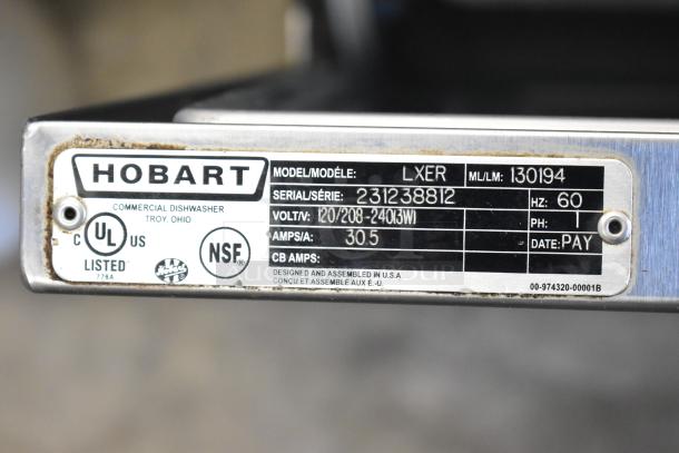 2022 Hobart LXER Advansys commercial dishwasher label showing model LXER, 120/208-240V, 1 Phase. UL and NSF listed.