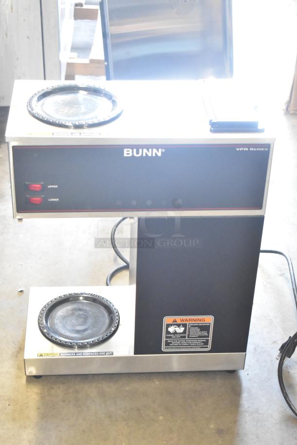 2017 Bunn VPR 12 Cup Pourover Coffee Brewer with 2 warmers, black finish, 120 volts, visible caution and warning labels.