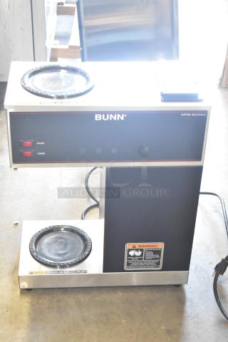2017 Bunn VPR 12 Cup Pourover Coffee Brewer with 2 warmers, black finish, 120 volts, visible caution and warning labels.