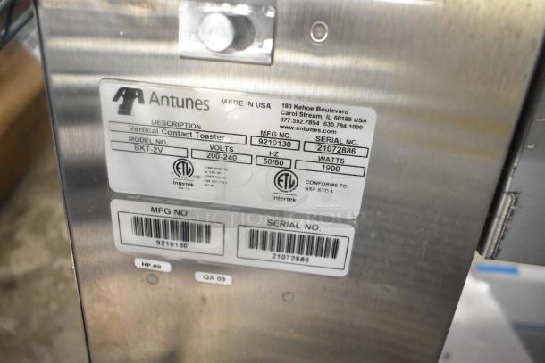 Brand new AJ Antunes BKT-2V commercial vertical toaster, 200-240V, 1 phase. Manufacturer tag shows model and serial numbers.