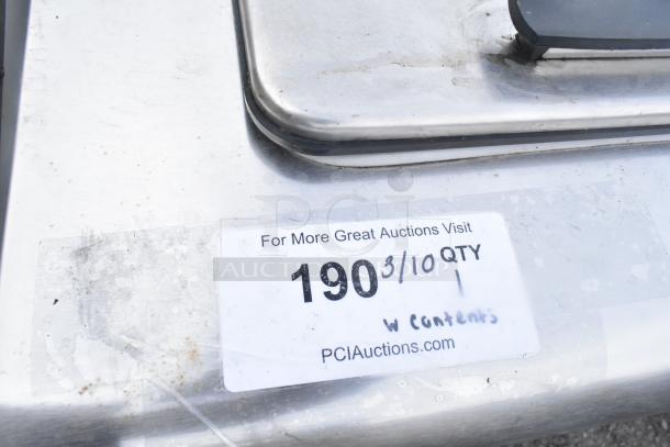 Master-Bilt DC-10D chest freezer on casters, label shows PCI Auctions info and 190 QTY. Powered by 208-230V, 1 phase.