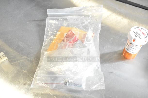 Lot of various items in a clear plastic bag, including a light bulb and screws, with a labeled orange container of mini fuses.