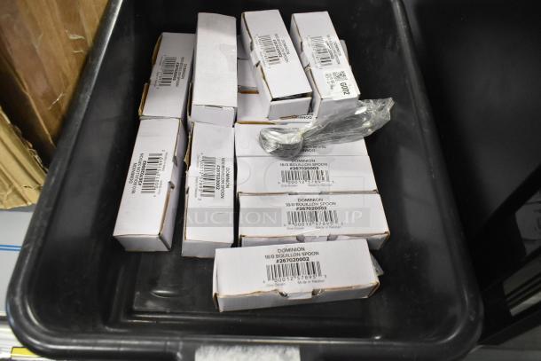 Boxed 267020002 Choice Dominion 18/0 Bouillon Spoon sets in packaging, labeled "Made in Pakistan."