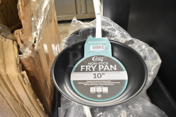 Choice 10" Non-Stick Fry Pan with aluminum alloy, Whitford Xylan coating; labeled for electric, gas, halogen use. New condition.