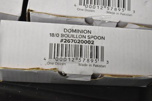 Box label for Dominion 18/0 stainless steel bouillon spoon, 267020002, made in Pakistan, one dozen per box.