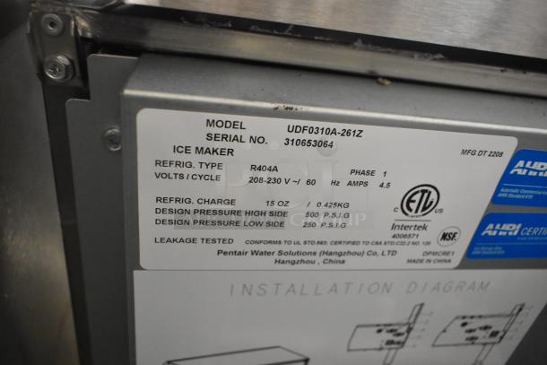 New Manitowoc UDF0310A-261Z undercounter dishwasher, 208-230V, 1 phase, serial 310653064, ETL certified.