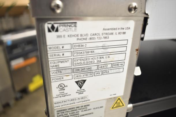 Brand new 2021 Prince Castle EHB24-2 holding bin label. 208-240V, single-phase, with serial and specification details.
