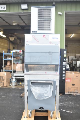 BRAND NEW 2025 Scotsman FS1222AX-32A Prodigy® Plus Flake Ice Machine with stand and gray poly ice cart. 208/230V, 1 phase.