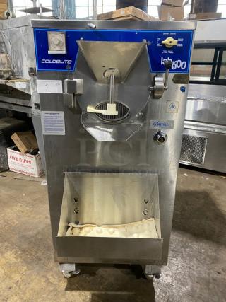 ColdElite Lab500 Gelateria Series, commercial ice cream batch freezer in stainless steel. Features 2-speed, electric, on casters. SN: 565602.