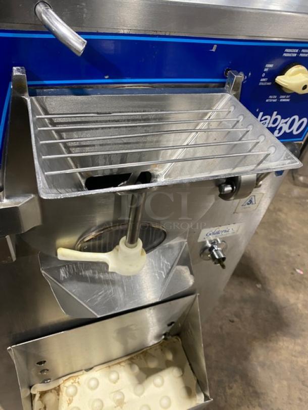 ColdElite Lab500 Gelateria Series ice cream batch freezer, stainless steel, 2-speed, serial number 565602, on casters.