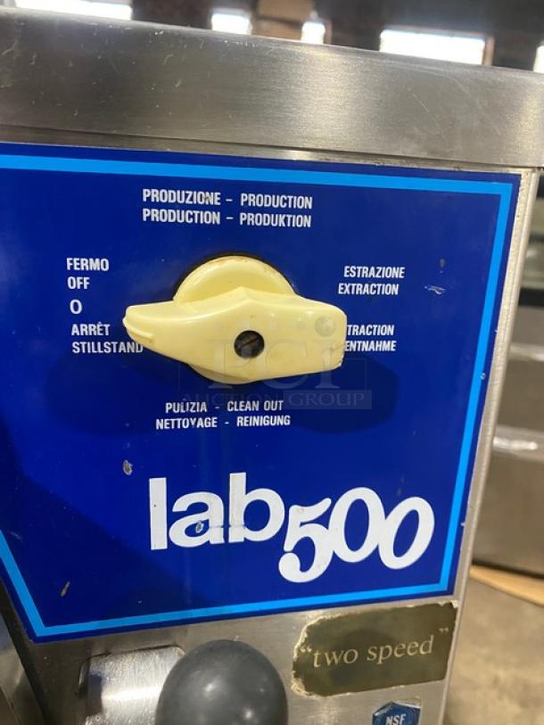 ColdElite Lab500 Gelateria Series ice cream machine control panel with multilingual settings. Model SN: 565602, two-speed, stainless steel.