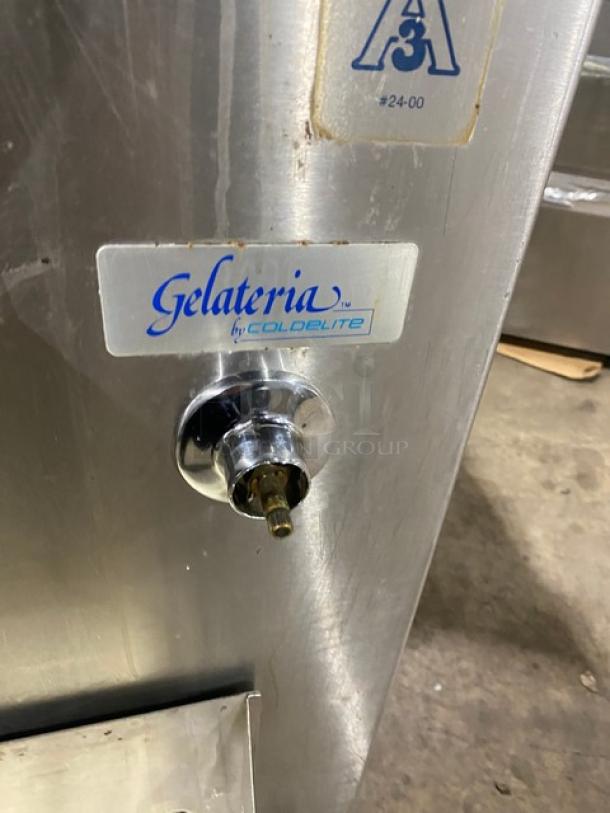 ColdElite Lab500 Gelateria commercial ice cream machine, stainless steel, 2 speeds, on casters, SN: 565602, Gelateria label shown.
