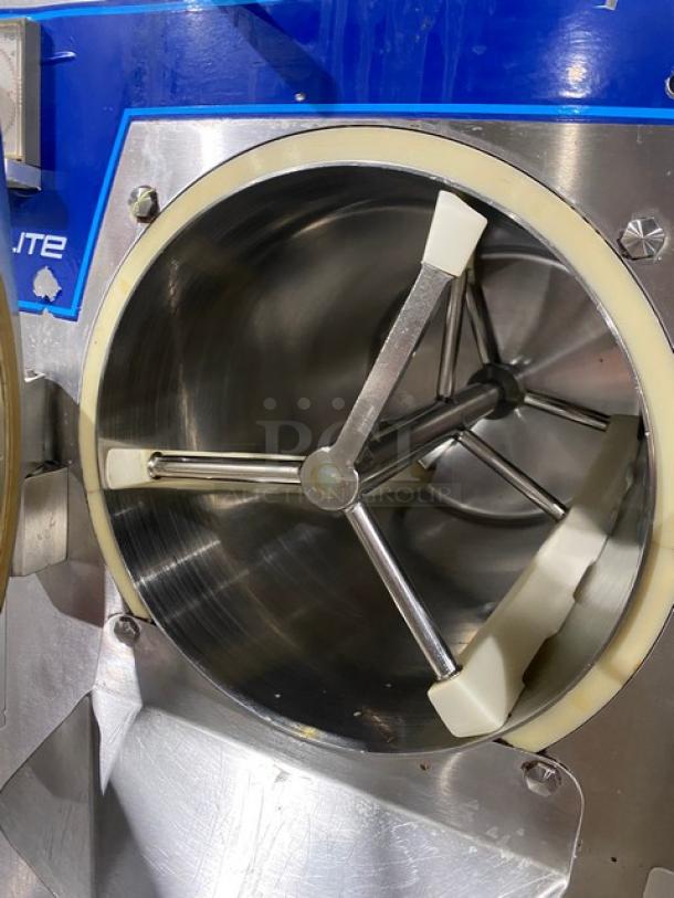 ColdElite Lab500 Gelateria Series ice cream batch freezer interior, stainless steel, electric, 2-speed, serial number 565602, on casters.