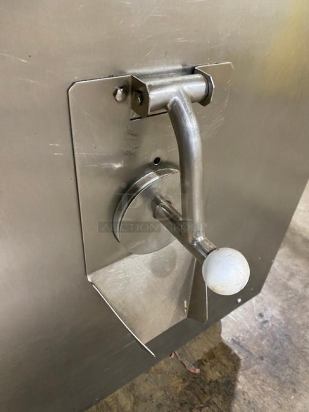 Carpigiani PASTOCREMA 55 stainless steel cream cooker/pasteurizer, electric, on casters, handle detail shown.