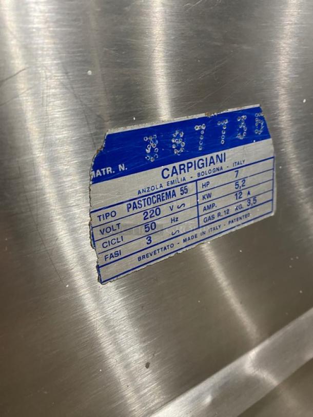 Carpigiani Pastocrema 55 commercial cream cooker, stainless steel, electric, 220V 3 phase, on casters, visible label details.