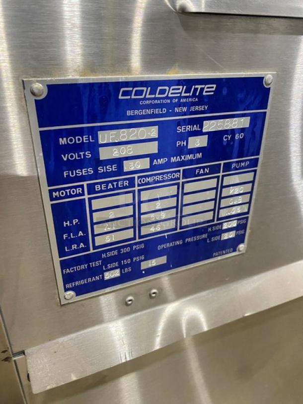 ColdElite UF820-2 soft serve machine with stainless steel body, 208V 3-phase, serial 225881, mounted on casters, located in Bergenfield.