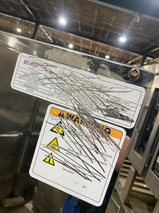 Elvaria Model 515 soft serve machine on casters, stainless steel, twin/twist, 2 hoppers, 3 dispensers, 220-240V.