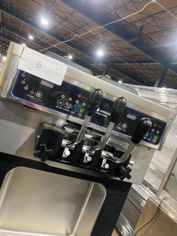 Well Spring SSI-143S stainless steel soft serve machine with 2 hoppers, 3 dispensers, digital controls, and drip tray.