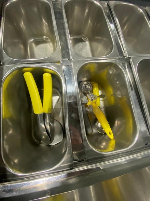 Gencarelli's style commercial stainless steel gelato case, 10-pan, rear sliding door, on casters, with scoops.