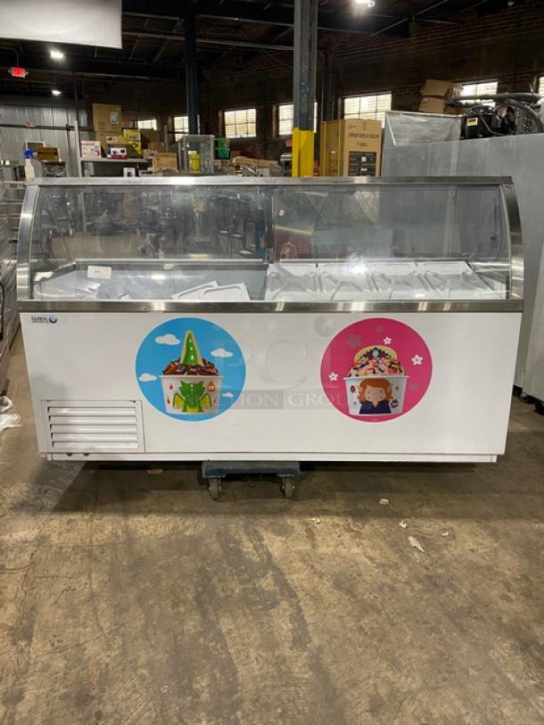 Global Baskin Robbins-style ice cream cabinet, model CKDC87VBR, with tub holders and dual lift-open doors, in good condition.