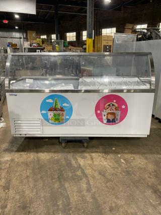 Global Baskin Robbins-style ice cream cabinet, model CKDC87VBR, with tub holders and dual lift-open doors, in good condition.