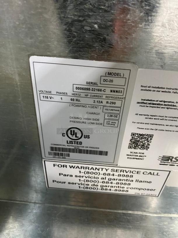 Master-Bilt DC2S Ice Cream Dipping Cabinet label, model DC-2S, SN: 0006098-32166-C, 115V, UL listed.