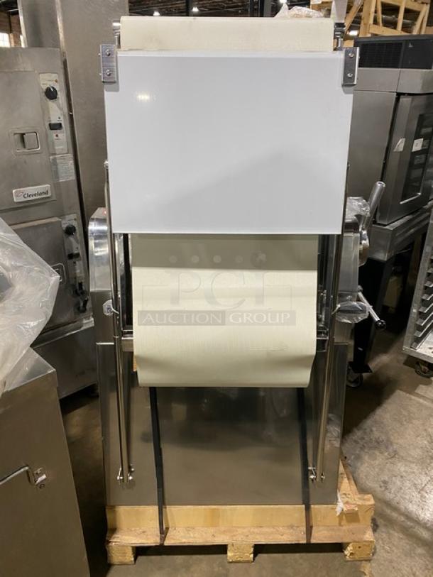 Prepline FSS120 stainless steel dough sheeter, 2022 model, electric-powered, foldable conveyor, new condition. SN: E21520179.