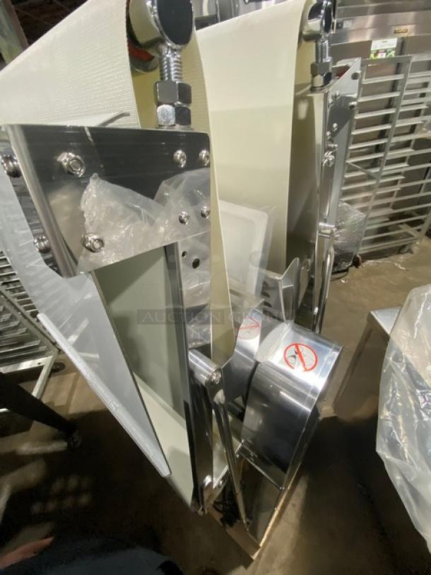 New Prepline FSS120 stainless steel reversible dough sheeter, 2022 model, with foldable conveyor belt, electric-powered, SN: E21520179.