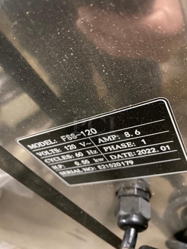 Prepline FSS-120 stainless steel dough sheeter, new, 2022 model, electric, 120V, SN: E21520179, foldable conveyor belt.