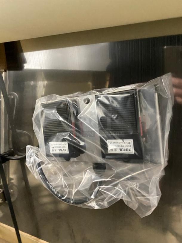 Prepline FSS120 dough sheeter close-up, plastic-covered foot pedals, stainless steel, 2022 model, 120V, SN: E21520179.