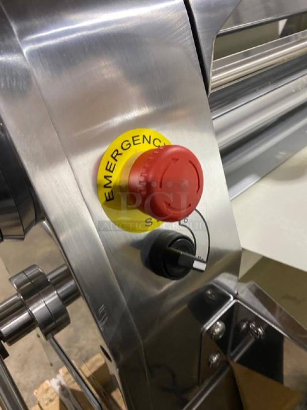 NEW Prepline FSS120 stainless steel dough sheeter, 2022 model, reversible, foldable conveyor, emergency stop button visible.