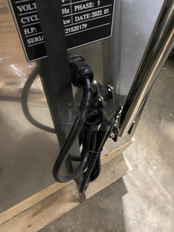 Commercial stainless steel Prepline dough sheeter, model FSS120, with foldable conveyor. New, electric, 120V, 1 phase, SN: E21520179.