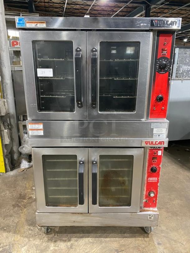 Vulcan stainless steel double-stacked convection oven, model VC4GD-11D150K, on casters with wired oven rack.