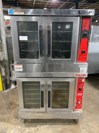 Vulcan stainless steel double-stacked convection oven, model VC4GD-11D150K, on casters with wired oven rack.