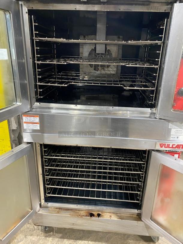 Vulcan Commercial Gas Convection Oven, Model VC4GD-11D150K, stainless steel, double stacked, wired racks, on casters.